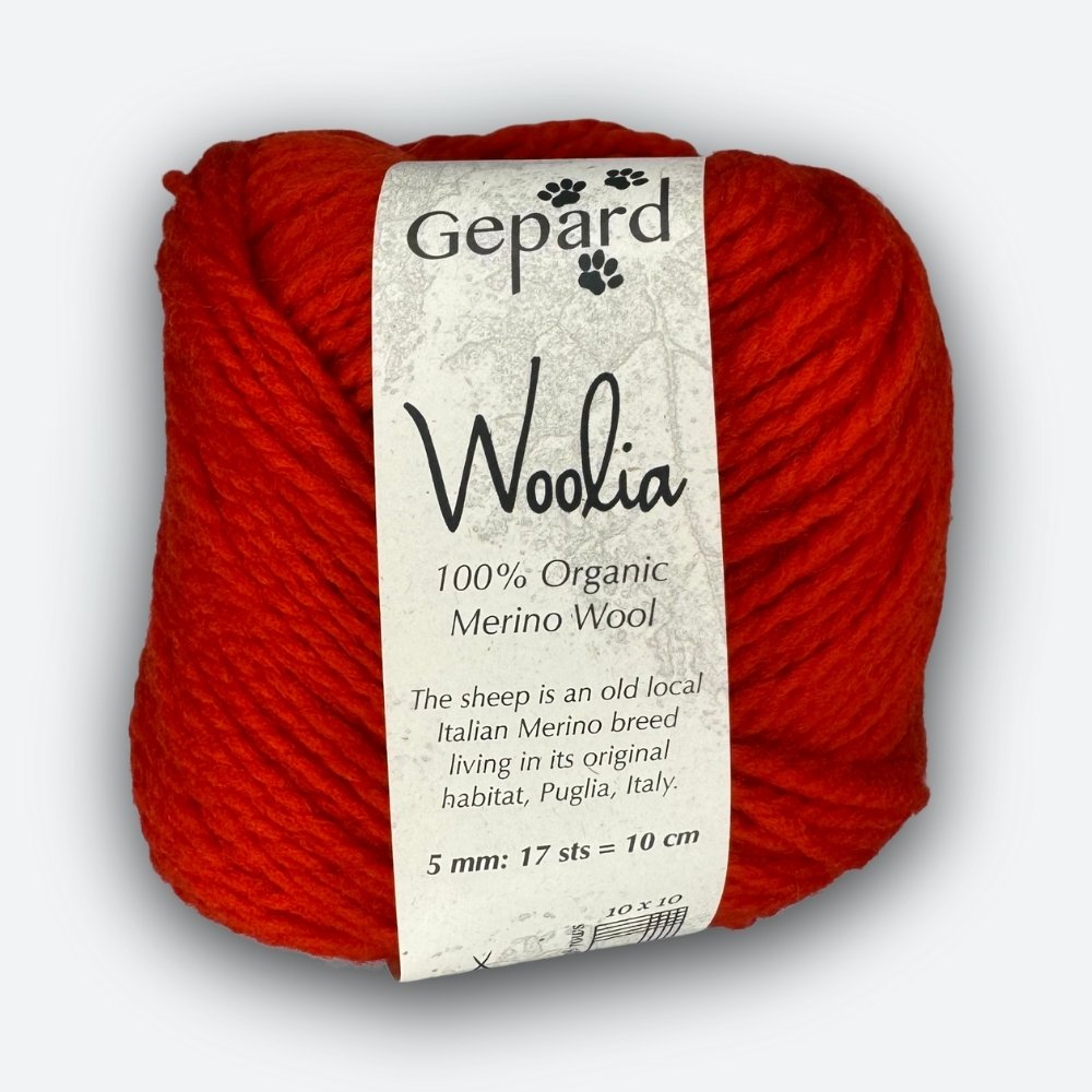 Gepard - Woolia - Blutorange - 330 – hochwertige Wolle für kreative Strickideen, detailreich beschrieben für alle, die nicht sehen können.