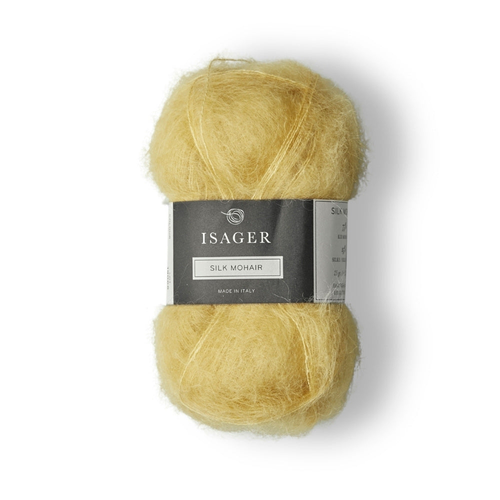 Hauchzartes Mohairgarn von Isager in frischem Hellgelb. Ideal für leichte Sommerstrickteile und Accessoires.
