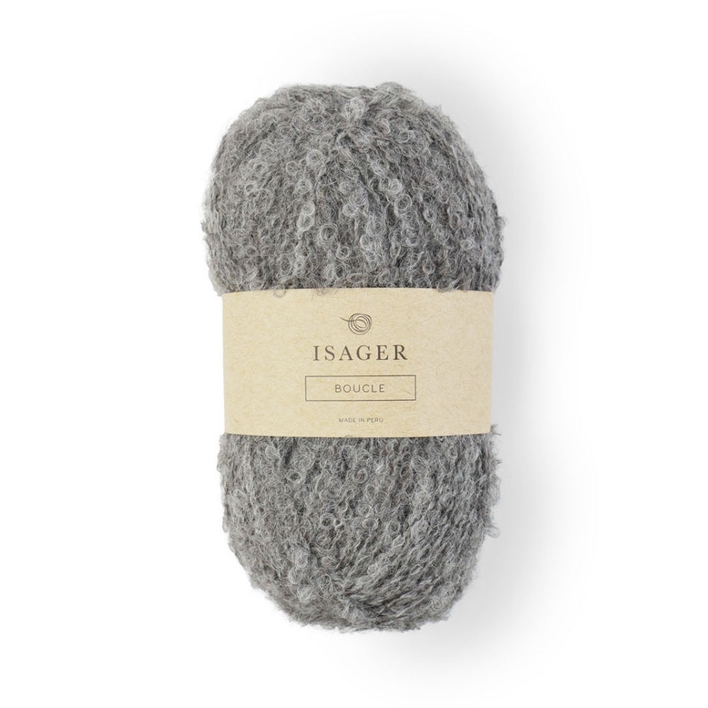 Kuscheliges Bouclé-Garn von Isager in elegantem Grau – 100% Alpaka für warme Strickprojekte.