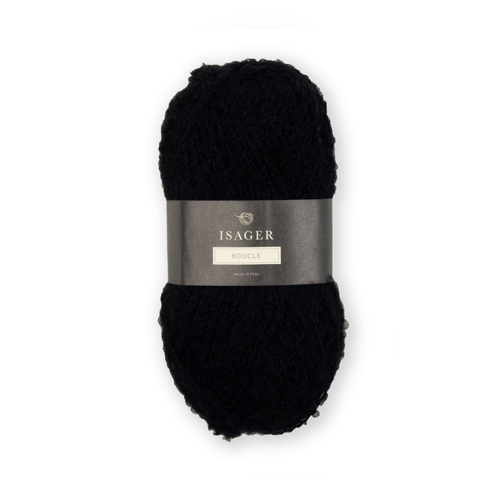 Schwarzes Bouclé-Garn von Isager – luxuriöses 100% Alpaka für weiche Strukturen und Wärme.
